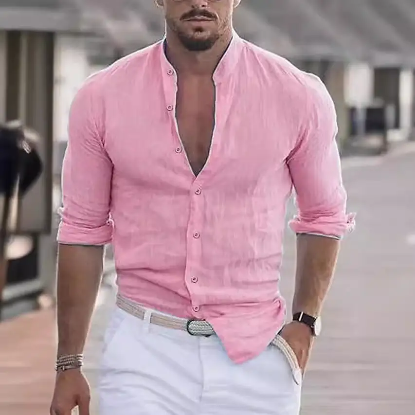 Men's Casual Linen Shirt With Modern Stand-up Collar And Roll-up Sleeves