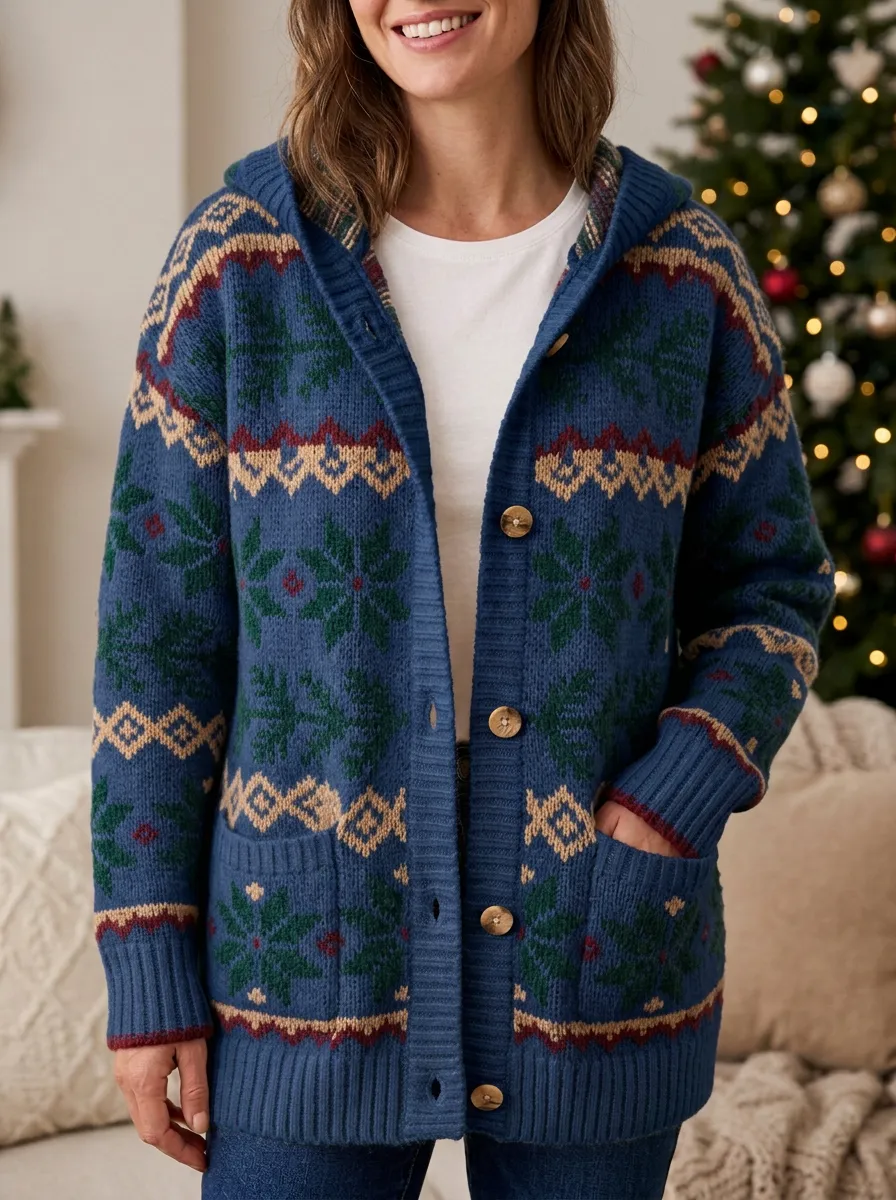 Festive Christmas Snowflake Fair Isle Pattern Knit Hooded Cardigan