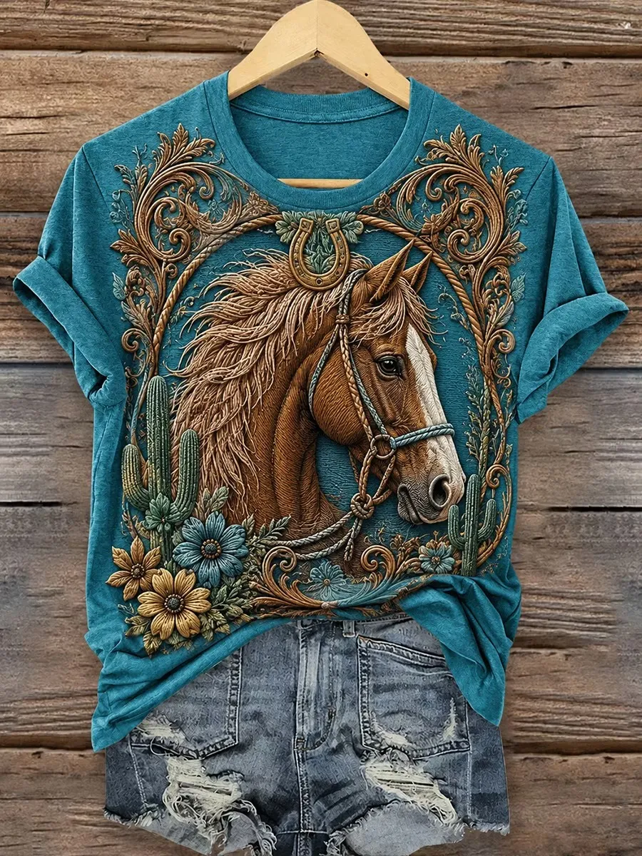Vintage Horse Art Print Casual T-Shirt