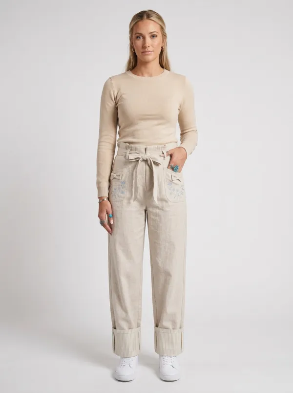 Women's Western Boho Floral Embroidered Bowknot Printed Pants