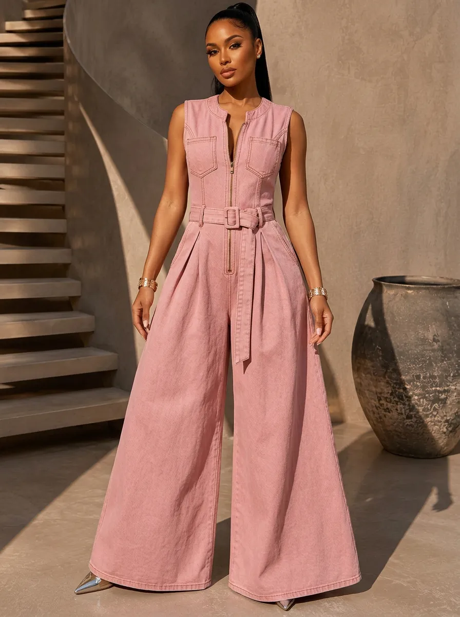 Pink Casual Sleeveless Zip-Front Denim Jumpsuit