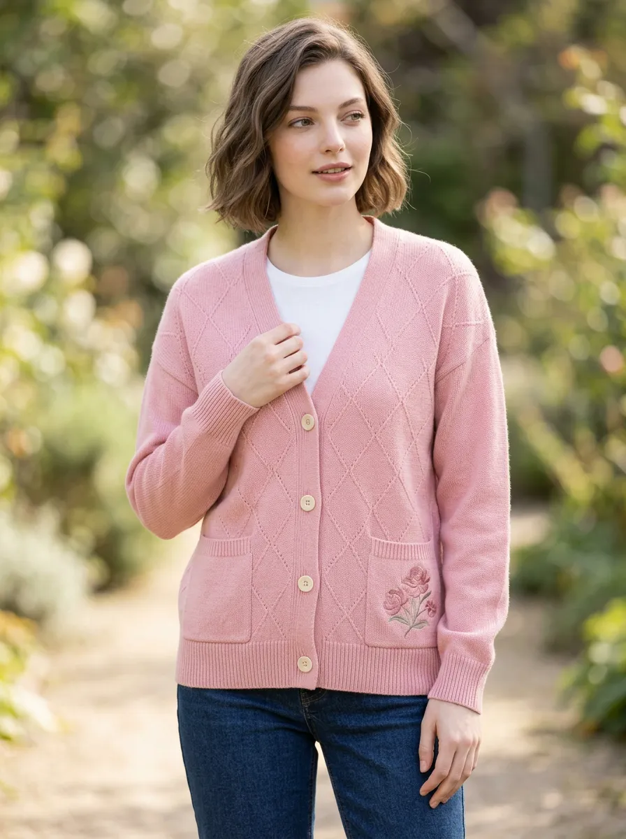 Women's Floral Lover Pink Diamond Pattern Embroidered Cardigan