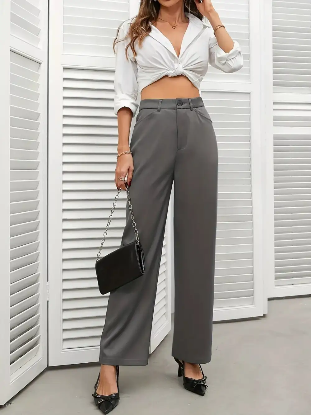 High Waist Wide Leg Pocketed Casual Pants