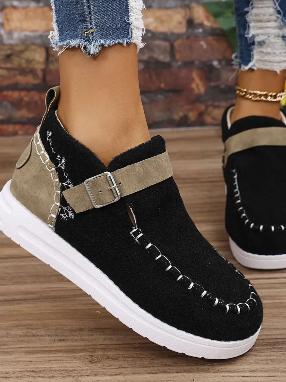 Round Toe Buckle Sneakers