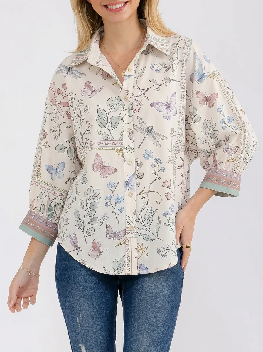 Women's Butterfly Dragonfly Floral Botanical Printed Button-up Shirt