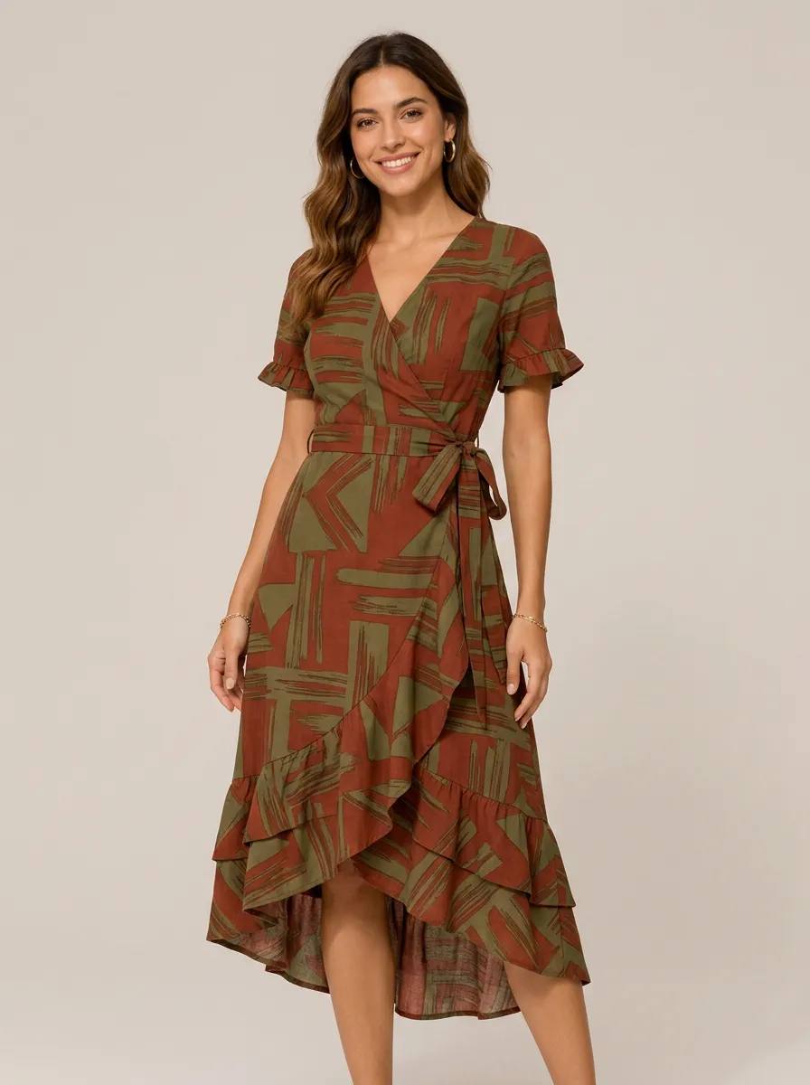 Women's Boho Style Abstract Geometric Printed Wrap Dress