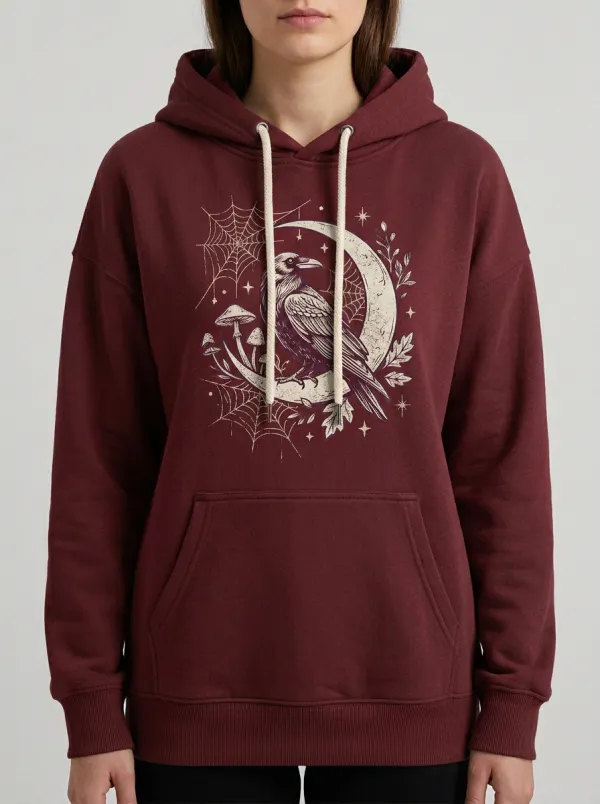 Women's Halloween Gothic Raven Moon Mushroom Printed Hoodie