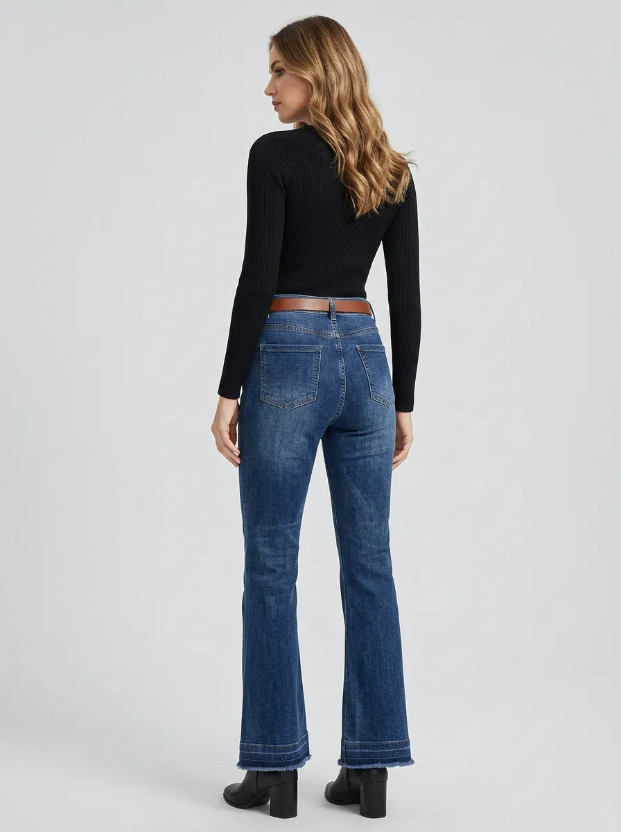Women's Relaxed High-Waisted Button-Front Raw Hem Flare Jeans