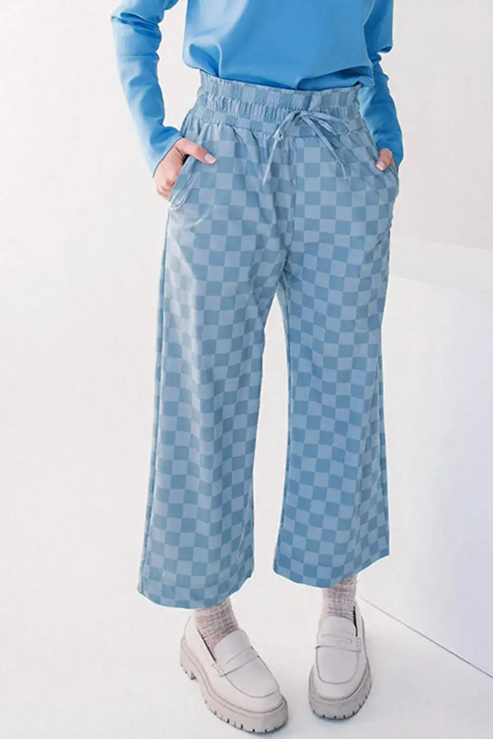 Checkered Elastic High Waist Loose Pants