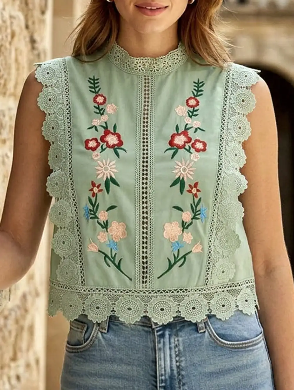 Lace Embroidered Sleeveless Blouse