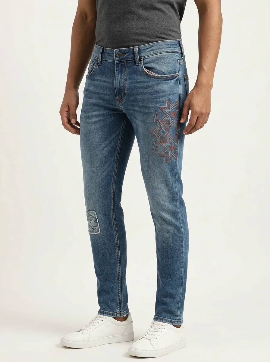 Men's Geometric Star Pattern Embroidered Slim-Fit Jeans