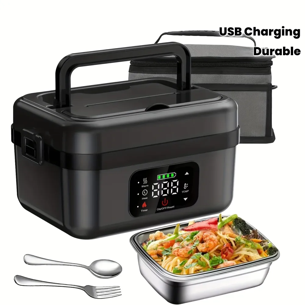 USB Rechargeable Electric Lunch Box with Digital Display, Portable Food Warmer for On-the-Go Meals - USB