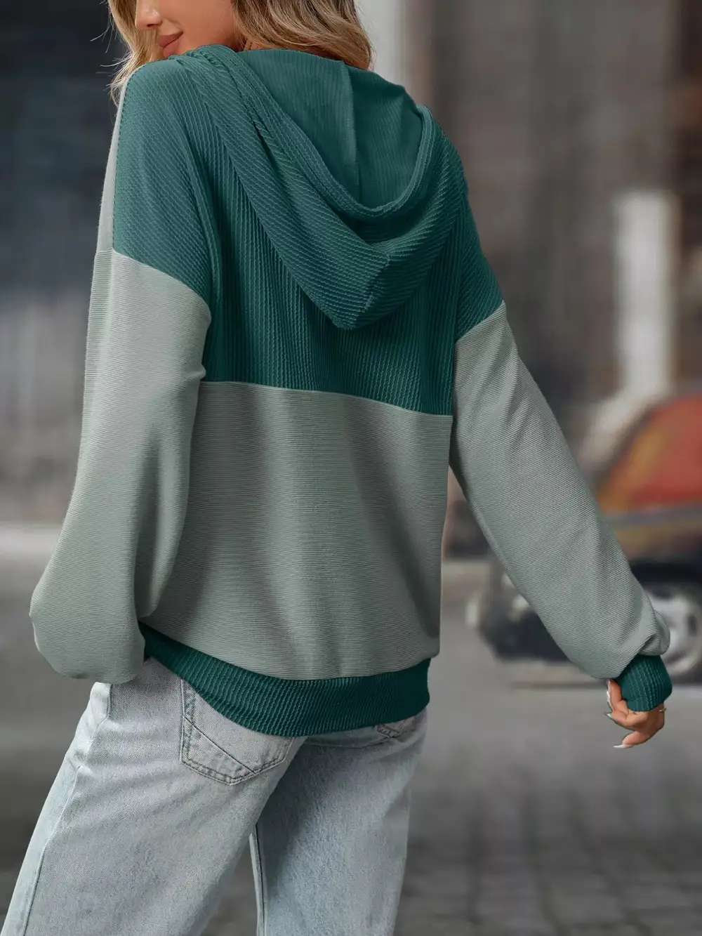 Refined Drawstring Buttoned Pocketed Colorblock Hoodie