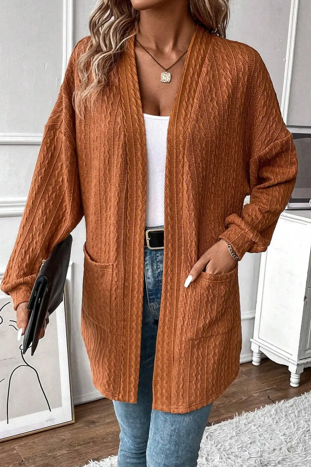 Textured Pocketed Open Front Cardigan