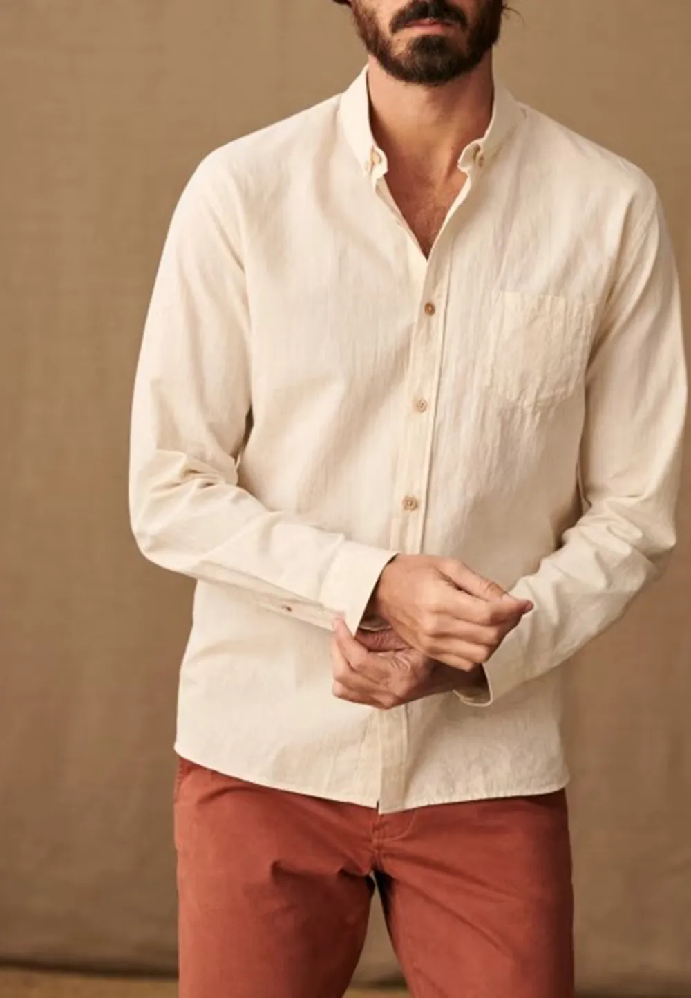Beige Neutral Cotton Linen Blend Button Down Shirt