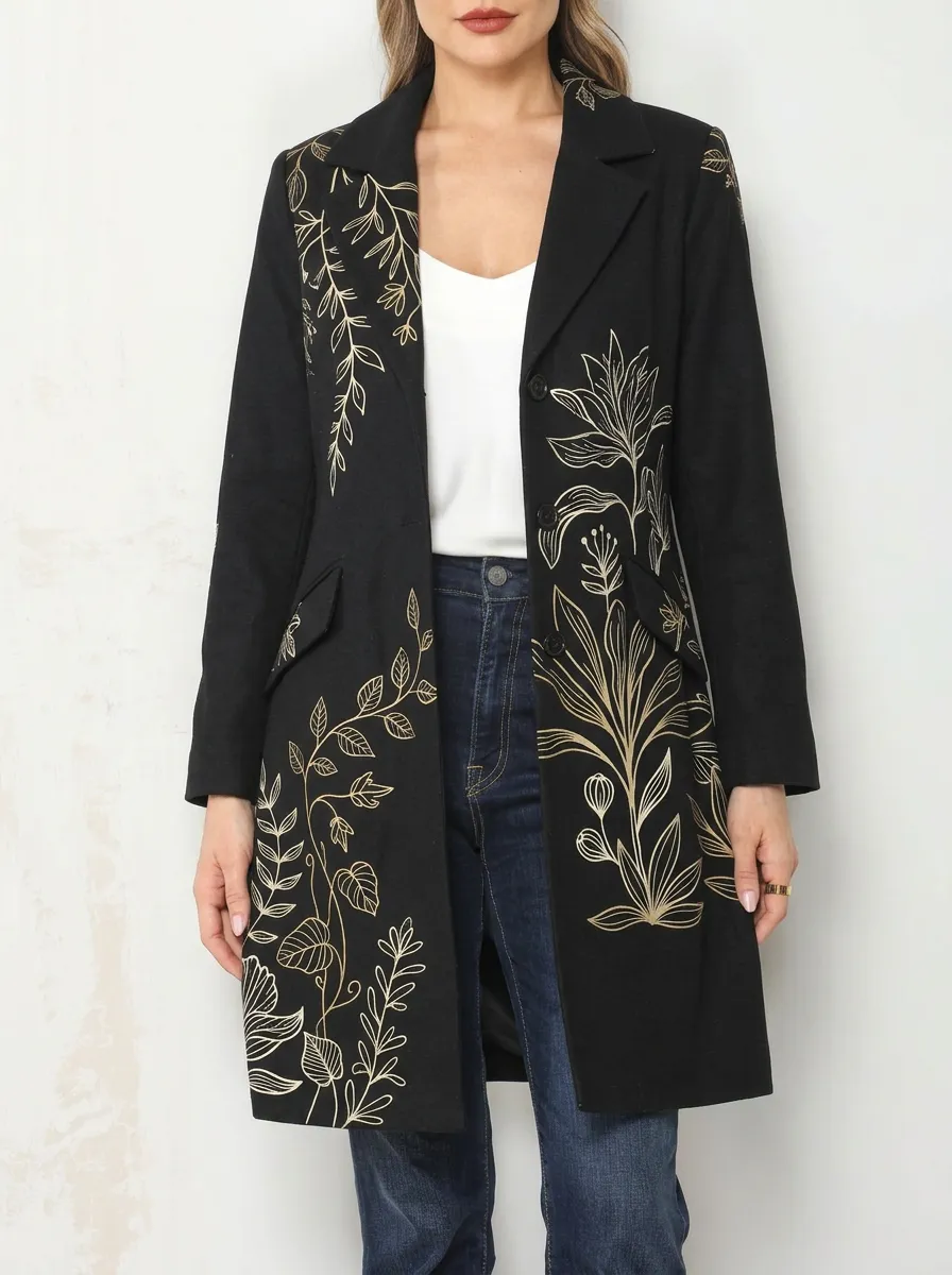 Women's Botanical Floral Gold Line Art Printed Long Coat