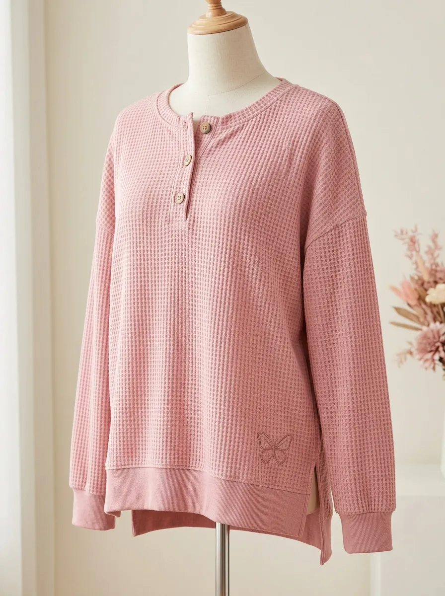 Women's Pink Butterfly Embroidered Waffle Knit Henley Shirt