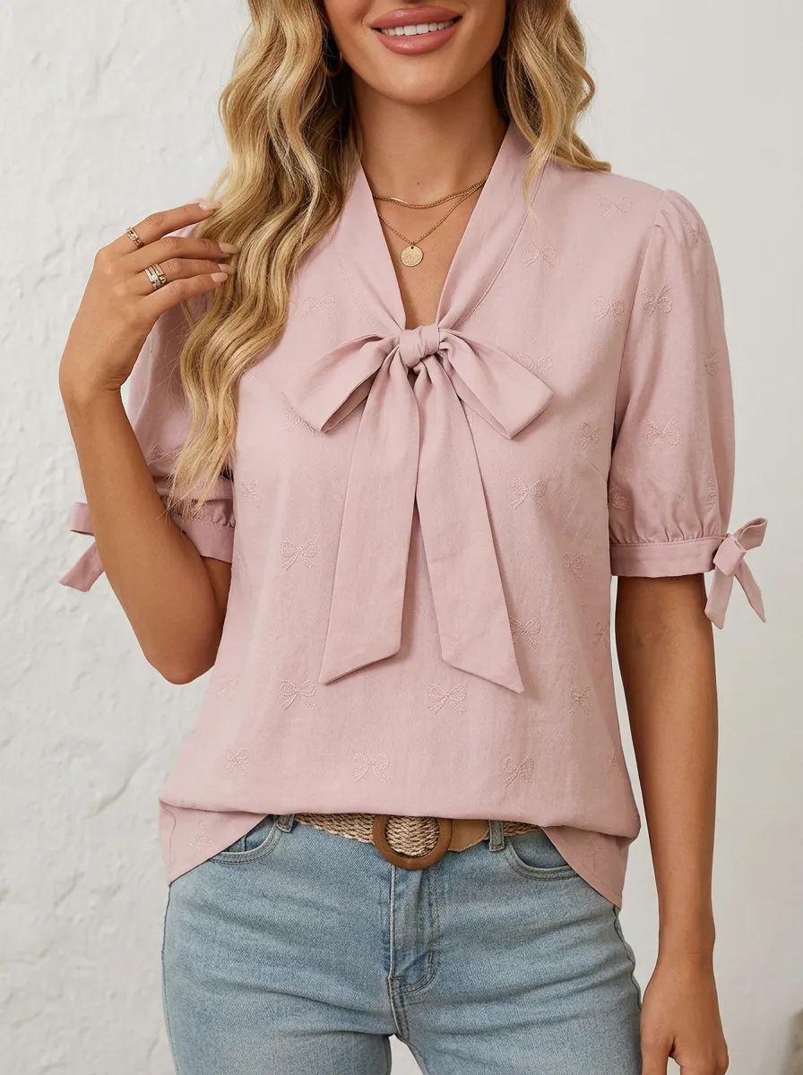 Women's V-neck Tie-neck Tie Cuff Blouse