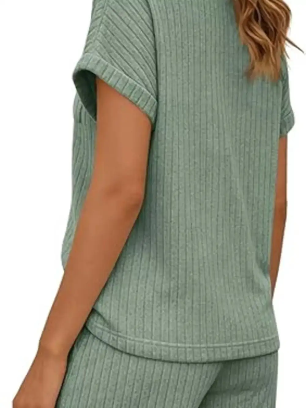 Casual Ribbed Knit Tee Shorts Set