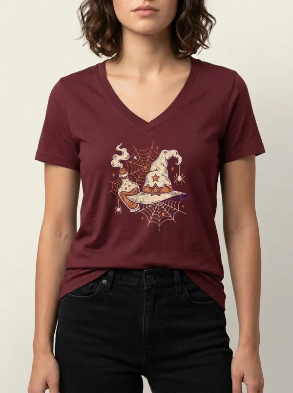 Women's Halloween Witch Hat Potion Spiderweb Printed V-neck T-shirt