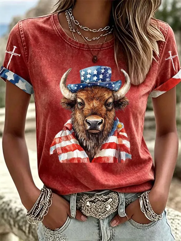 Women'S Western Style American Flag Cross Casual T-Shirt