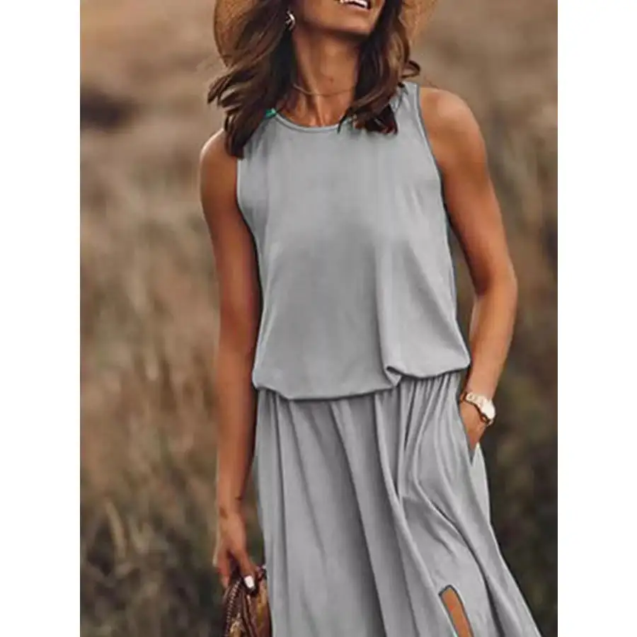 Full Size Round Neck Sleeveless Slit Maxi Dress Plus Size