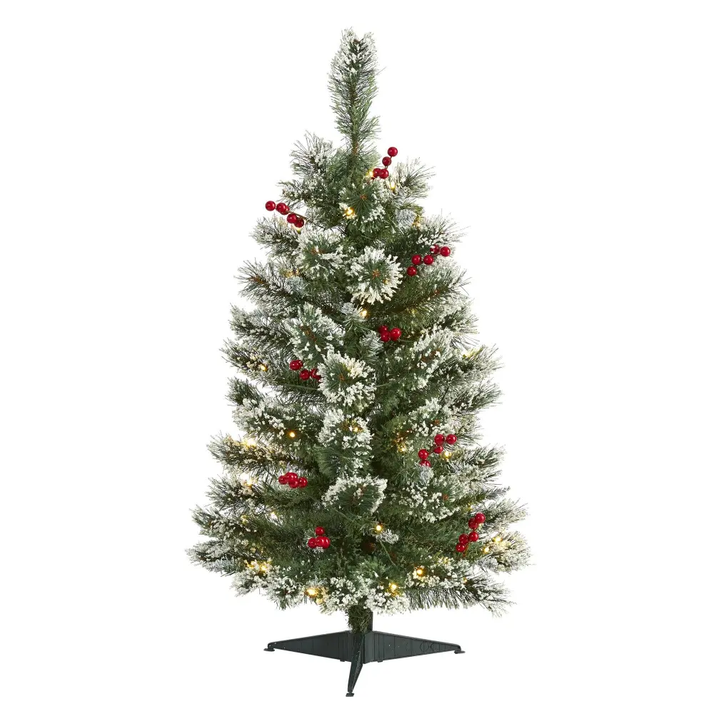Frosted Swiss Pine Artificial Christmas Tree with Clear LED Lights and Berries Garden Accent