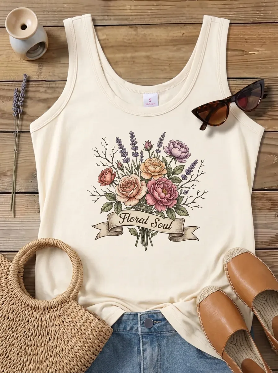 Floral Soul Bouquet Lavender Rose Ribbed Tank Top