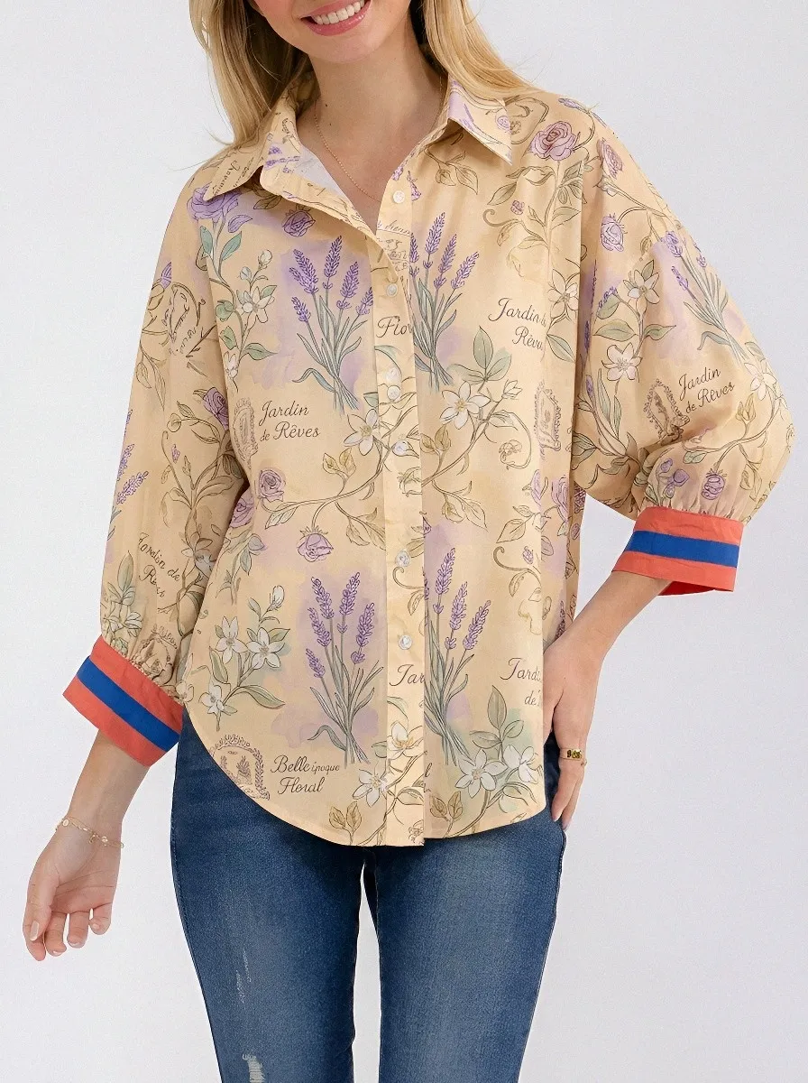 Women's Botanical Garden Lavender Floral Printed Button-Up Shirt