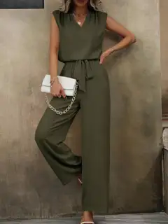 Refined V-Neck Wide-Leg Pants Matching Set