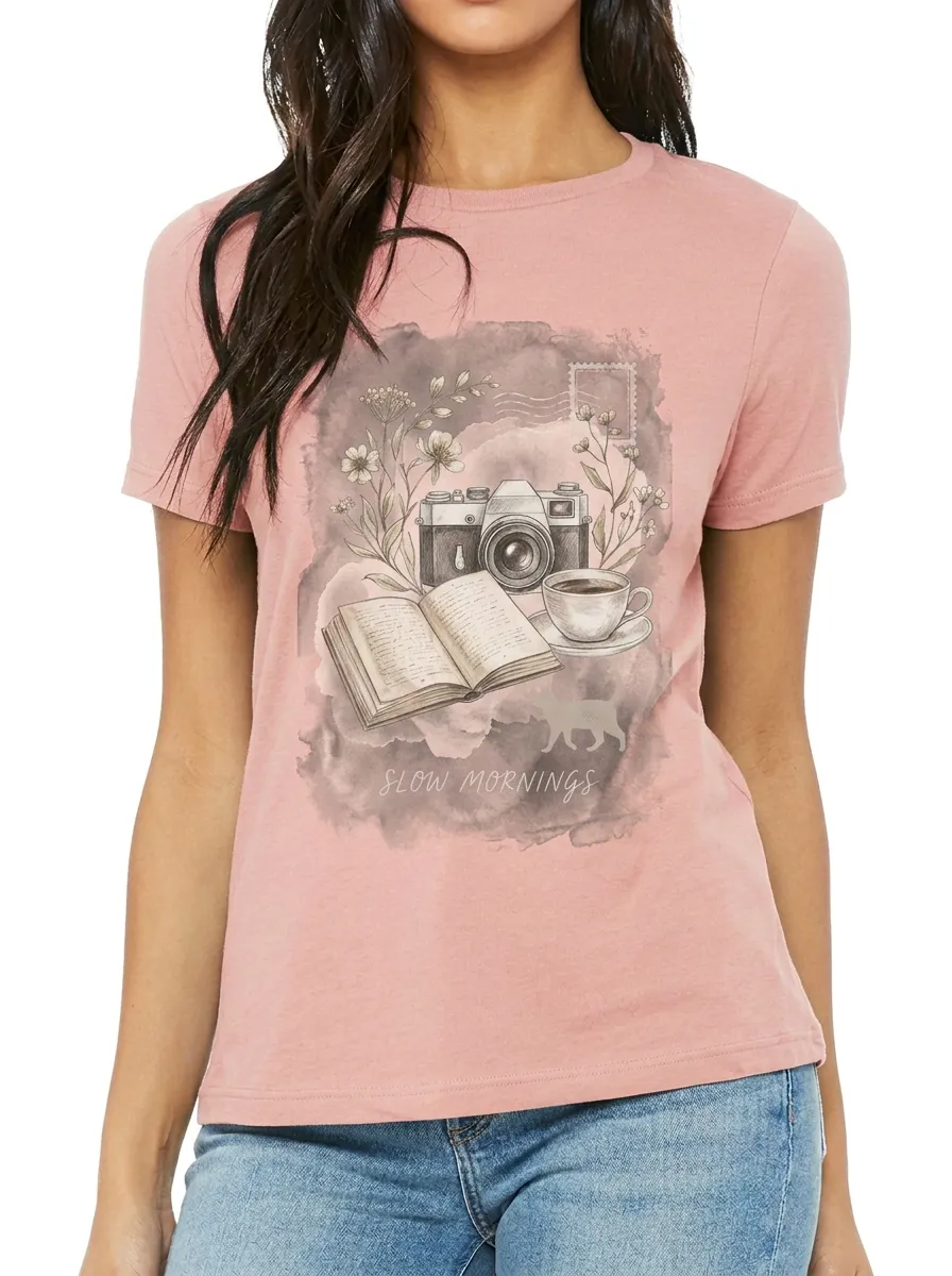 Women's Slow Mornings Camera Book Coffee Cat Printed T-shirt