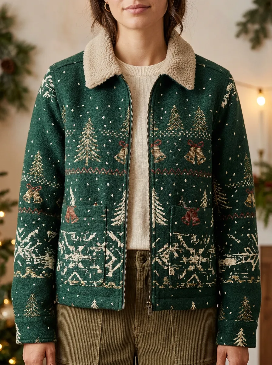 Christmas Holiday Tree Bell Pattern Print Sherpa Collar Jacket