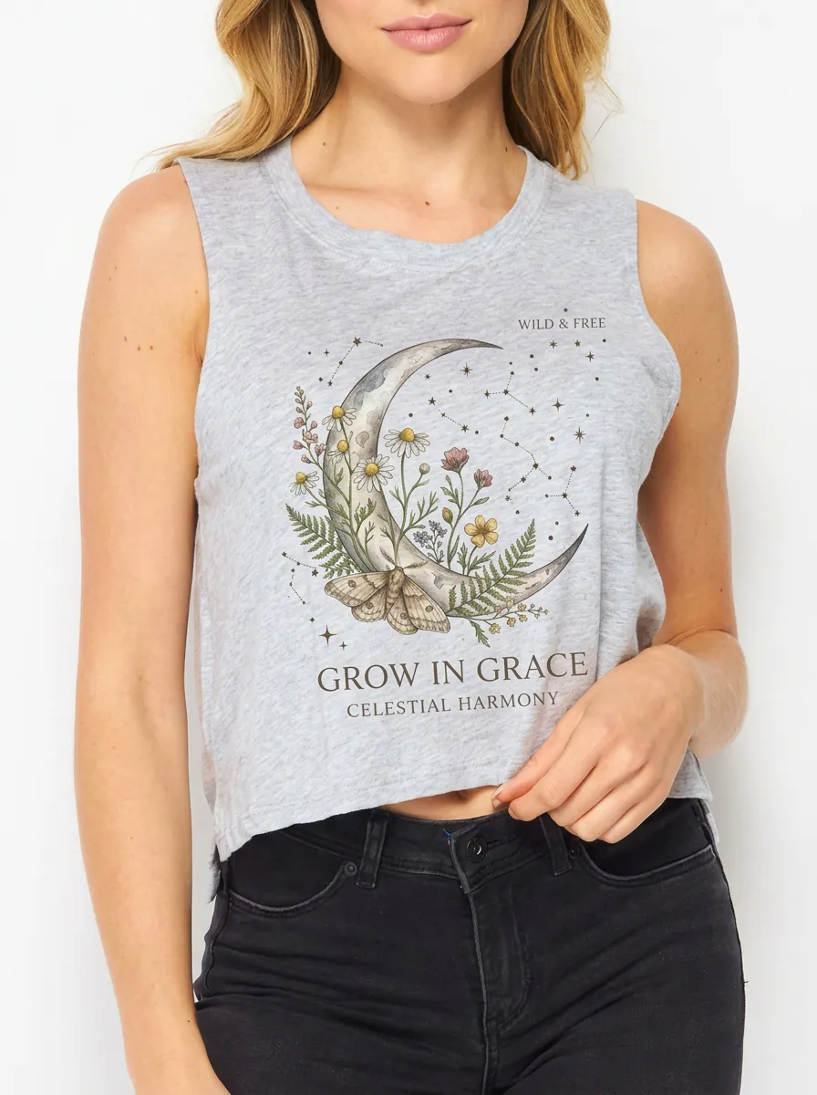 Women's Celestial Floral Moon Moth Printed Crop Tank Top