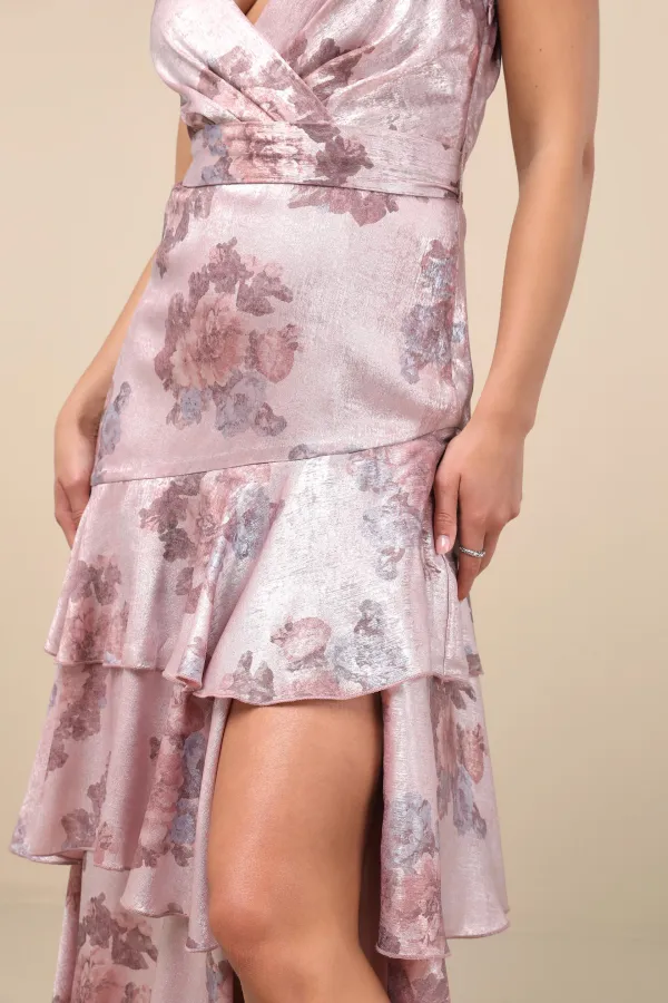 Floral Satin Surplice Tiered Midi Dress