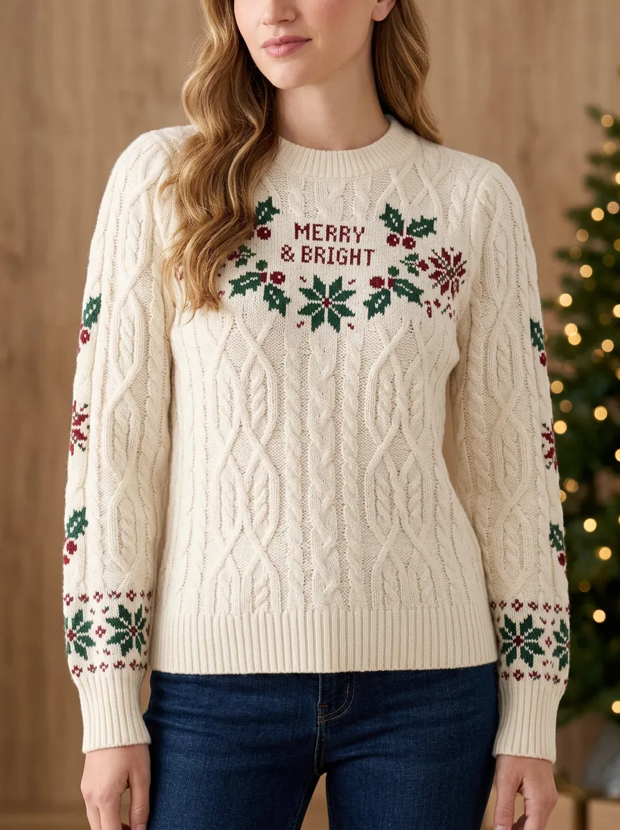 Christmas Merry & Bright Holly Snowflake Pattern Knitted Sweater