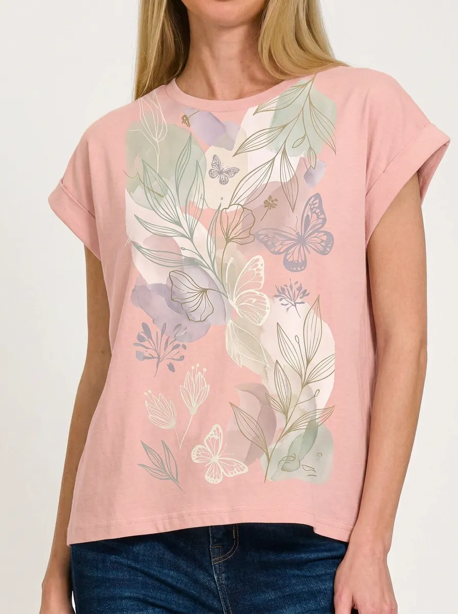 Women's Botanical Butterfly Watercolor Printed T-shirt