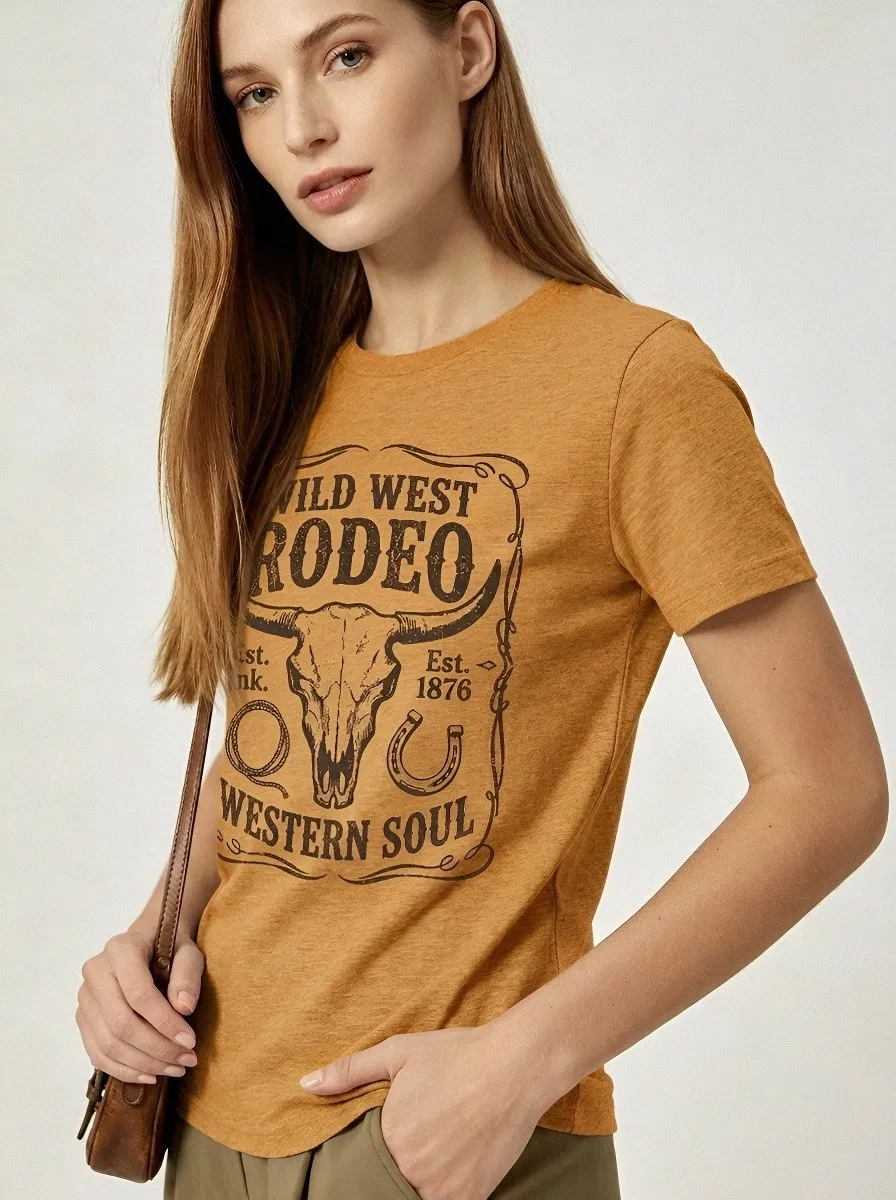 Women's Wild West Rodeo Cow Skull Printed T-shirt