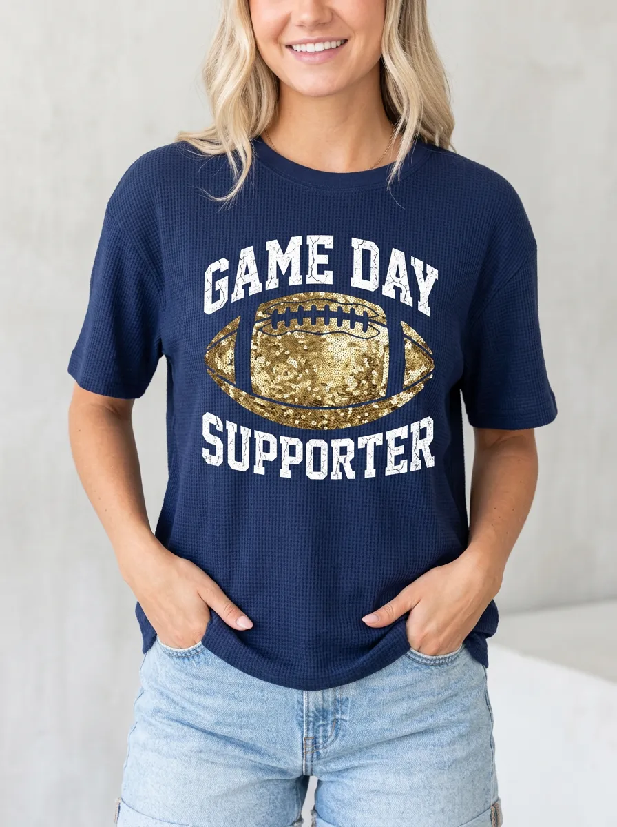 Women's Football Game Day Supporter Gold Sequin Printed Waffle T-Shirt