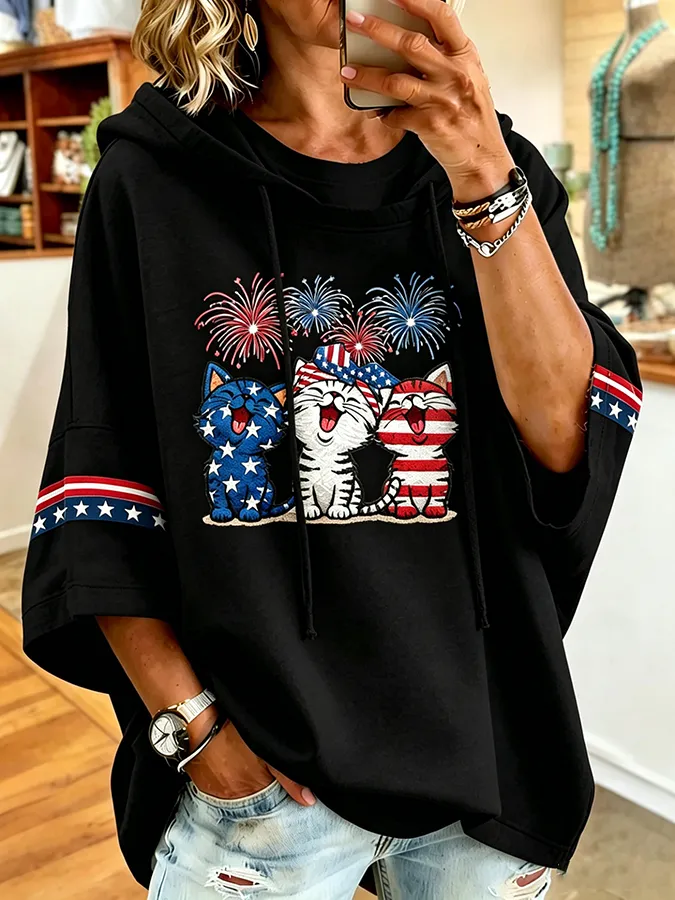 Women's Flag and Cat Printed Hoodie