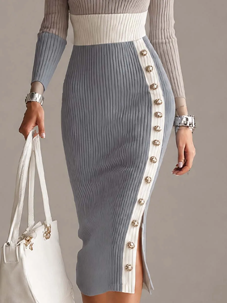 Elegant Colorblock Ribbed Knit Cutout Long Sleeve Bodycon Midi Dress with Button Slit Detail