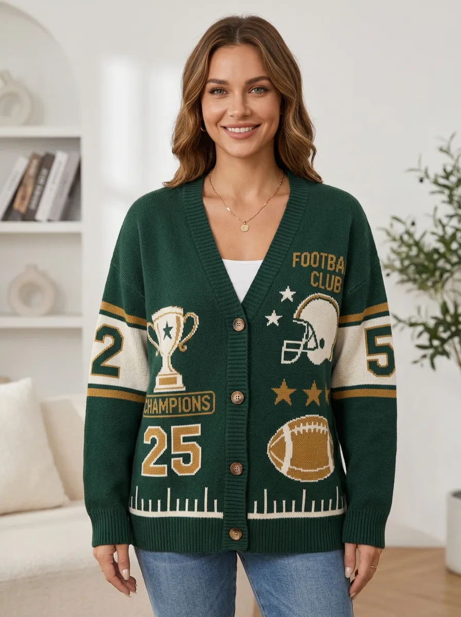 Women's Weekend Helmet Football Trophy Knitted Cardigan
