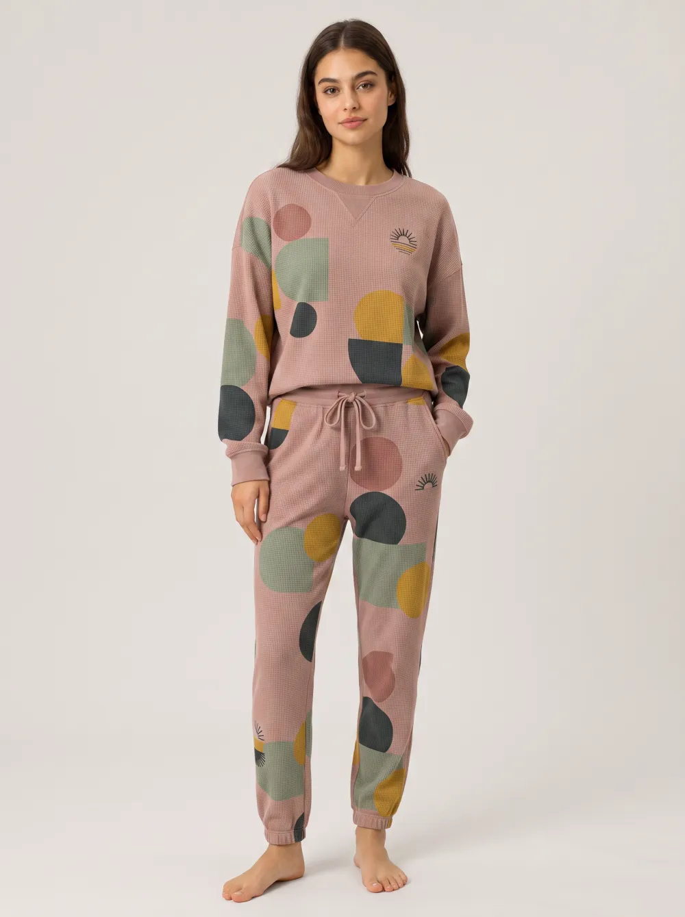 Women's Boho Geometric Sun Printed Waffle Knit Lounge Set
