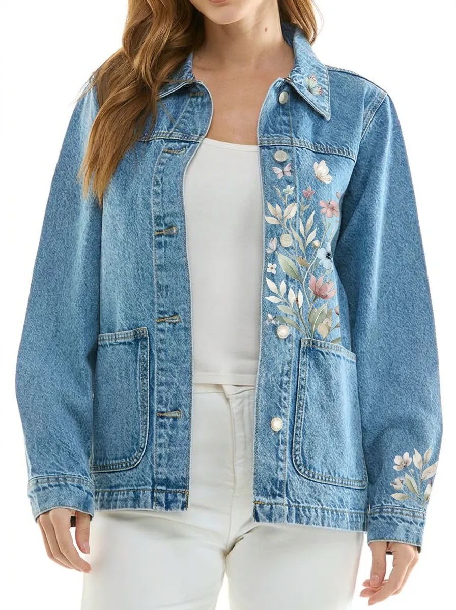 Women's Floral Butterfly Nature Printed Denim Jacket