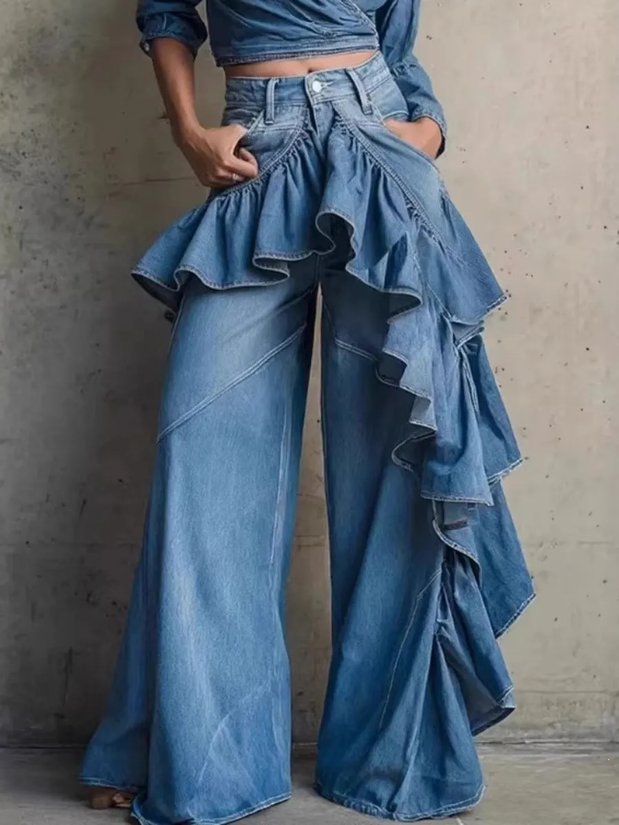 Aniya Asymmetrical Ruffle-Paneled Jeans