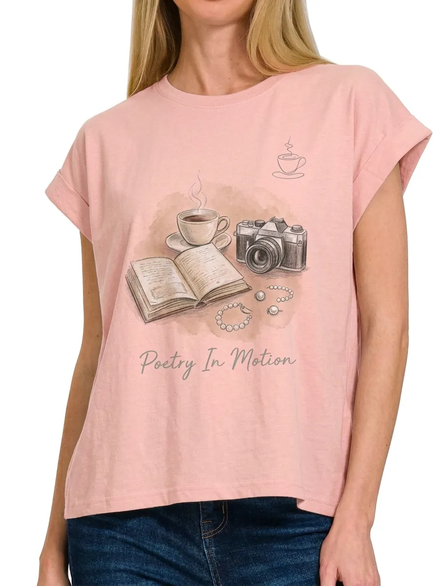 Women's Book Coffee Camera Poetry In Motion Printed T-shirt