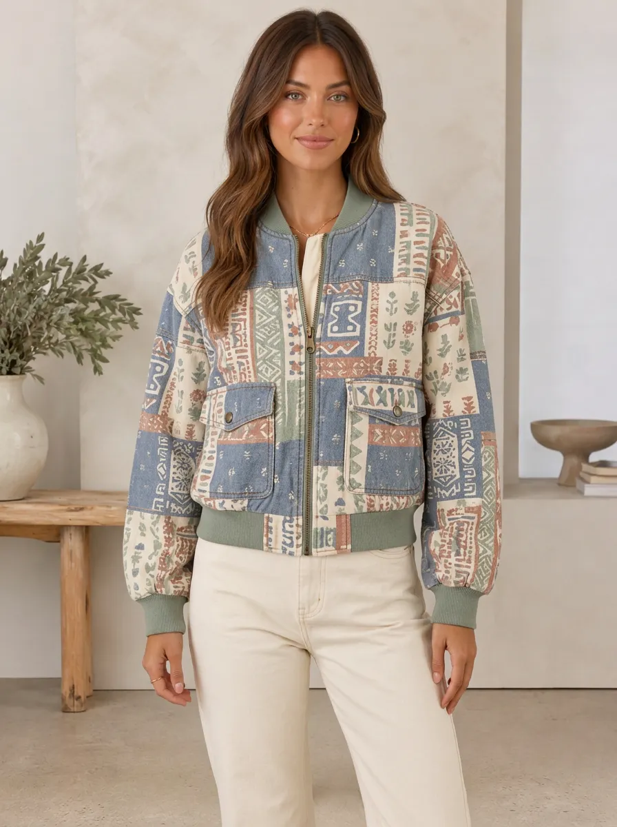 Women's Boho Patchwork Geometric Printed Bomber Jacket