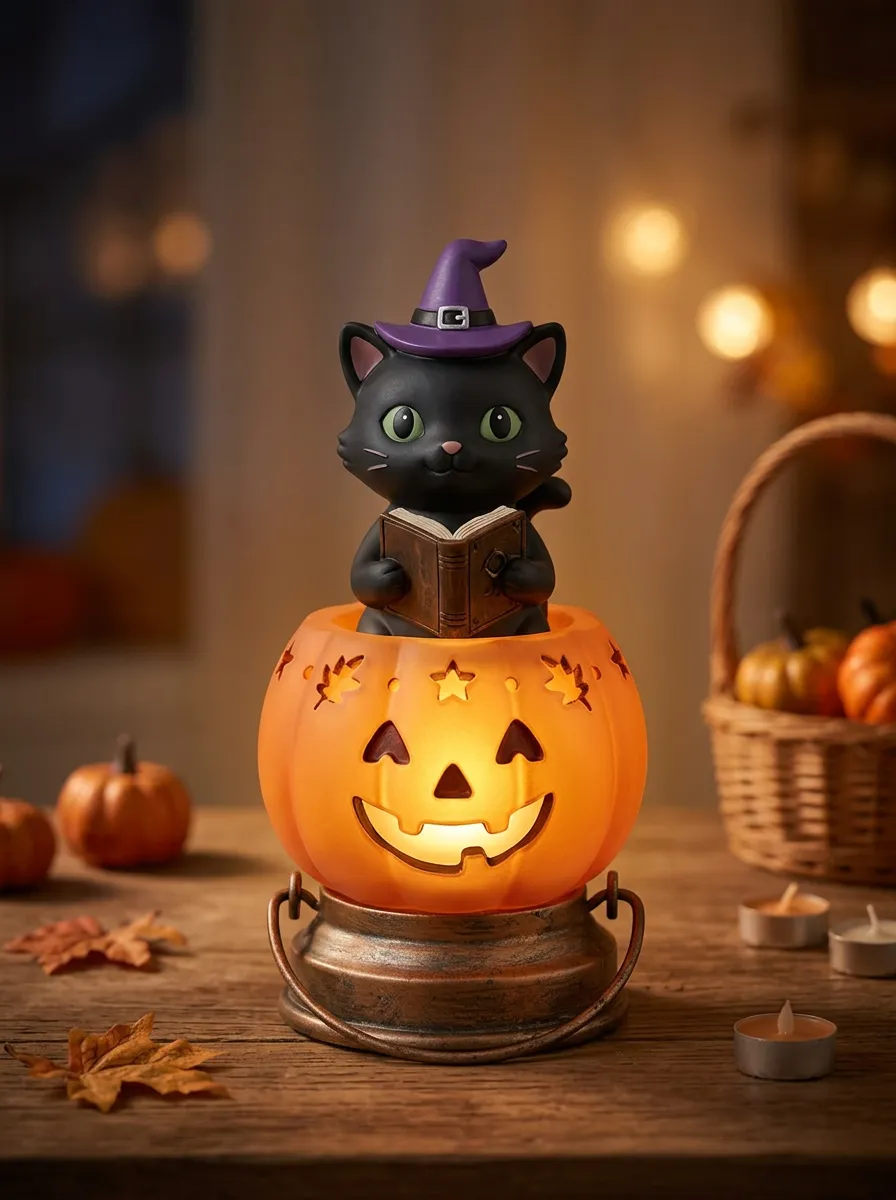 Halloween Witch Cat Reading Book Pumpkin LED Tabletop Decoration