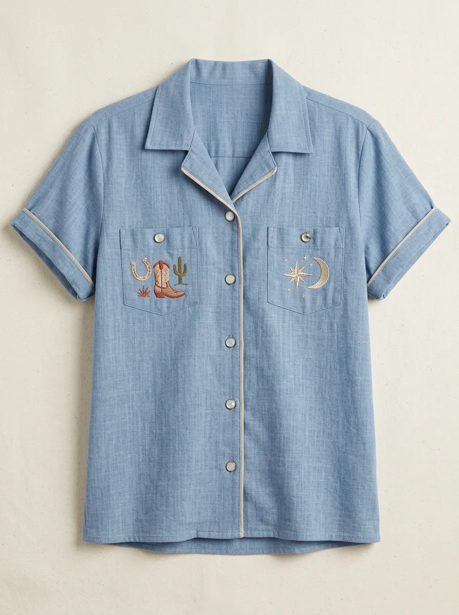Women's Western Cowboy Boot Cactus Moon Star Embroidered Short Sleeve Shirt