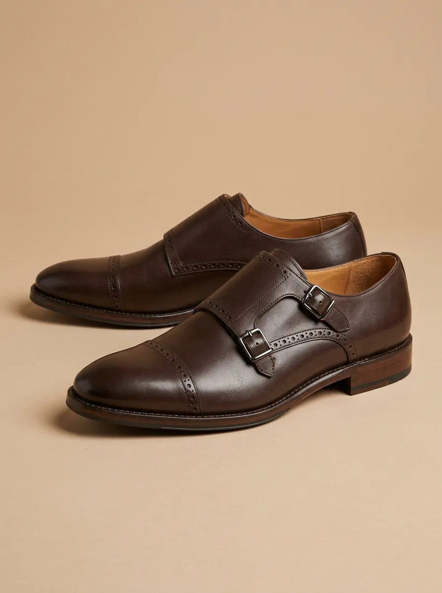 Men's Everyday Classic Business Leather Double Monk Strap Brogue Shoes