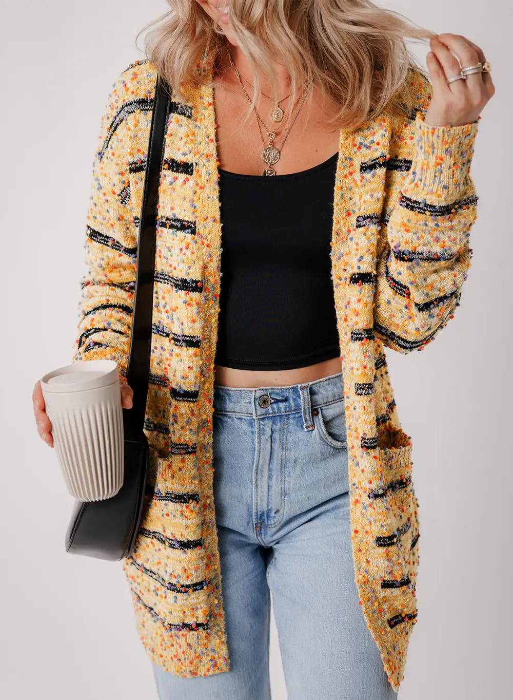 Striped Pom-Pom Knit Open Front Long Cardigan